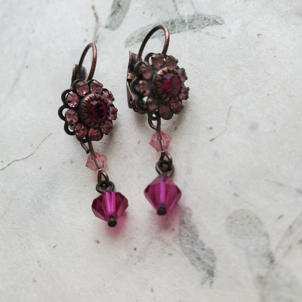 Vintage Flowerette Rhinestone Dangle Earrings